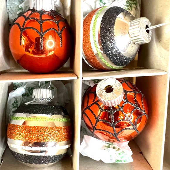 12 Halloween Radko Spider Web Glass Ball Ornaments Glitter Stripes - Picture 9 of 9
